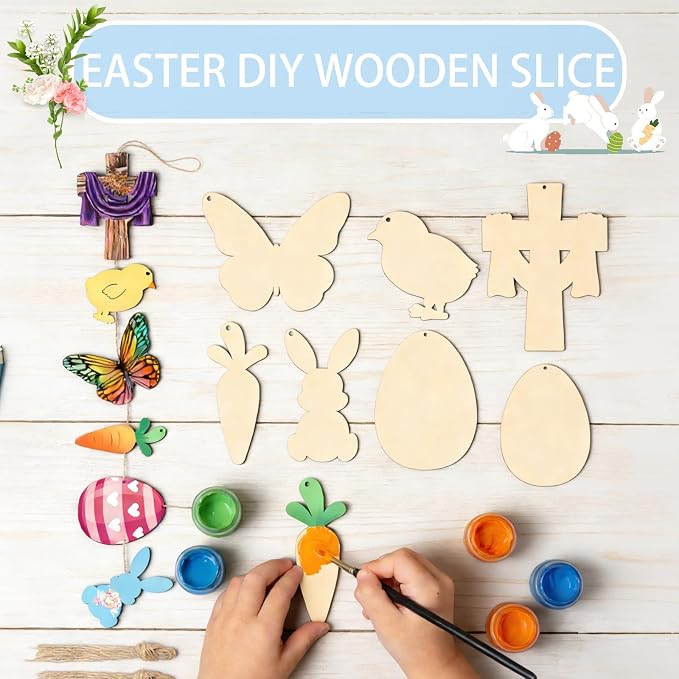 48Pcs Paintable Wooden Easter Ornaments Unfinished Wood Cutouts - Image 2