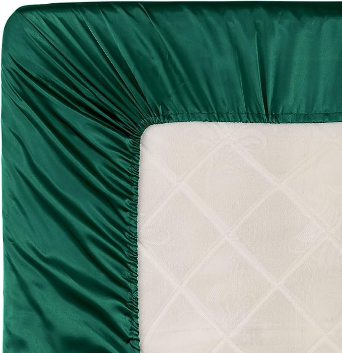 Homiest Blackish Green Satin Fitted Twin XL Size Bed Sheet, Deep Pocket - Image 6