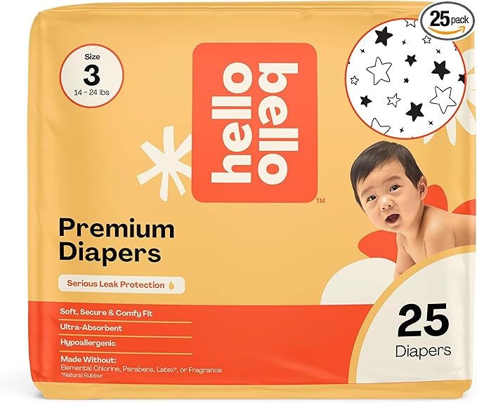 Hello Bello Diapers, Size 3 (14-24 lbs) Superstars, 25 Count of Premium Disposable Baby Diapers, Hypoallergenic with Soft, Cloth-Like Feel