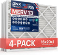 BNX TruFilter 16x20x1 Air Filter MERV 13 (4-Pack) - MADE IN USA - Electrostatic Pleated Air Conditioner HVAC AC Furnace Filters for Allergies, Pollen, Mold, Bacteria, Smoke, Allergen, MPR 1900 FPR 10