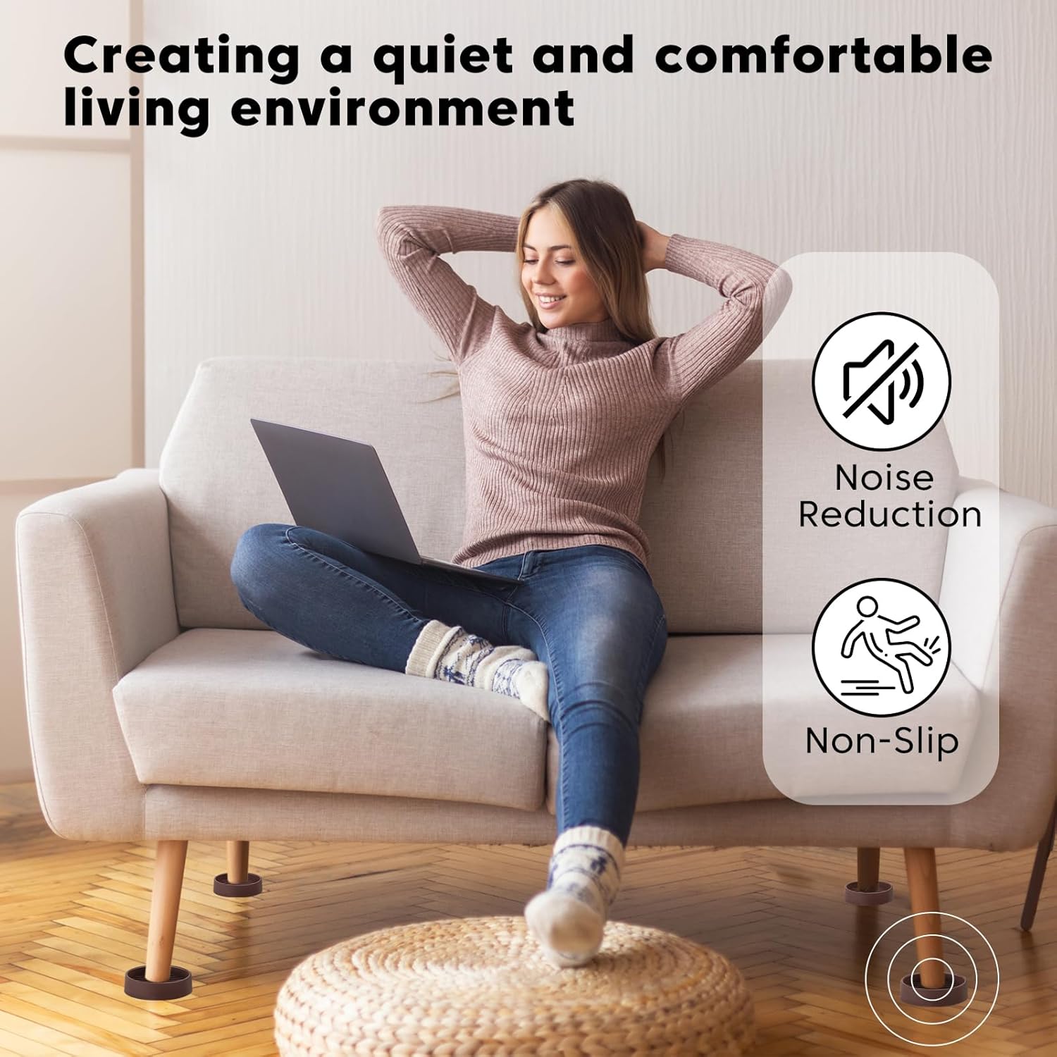 8Pcs 3"*3" Rubber Non-Slip Furniture Pads Heavy Duty Furniture Casters Cups Sofa Feet Floor Protectors for Beds Sofas Pianos and Other Large Furniture (Round, Brown)