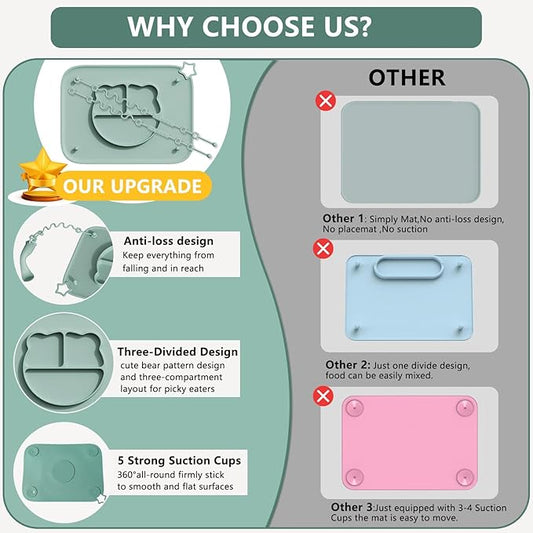 1 Pack Silicone Mat for Babies, Baby Placemat Built-in Suction Base and Equipped 4 Toy Straps & Anti-Peel Design, Activity Mat for Infants to Toddlers, Keeps Babies Essentials Off The Floor, Green