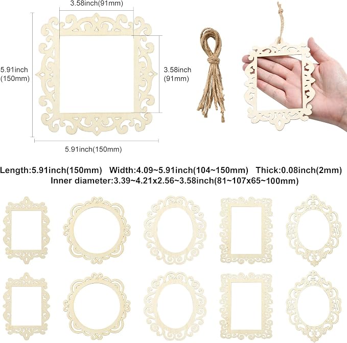 12 pcs 6 Styles Hollow Theme Undyed Wooden Photo Frames Laser Cut Oval Square - Image 2
