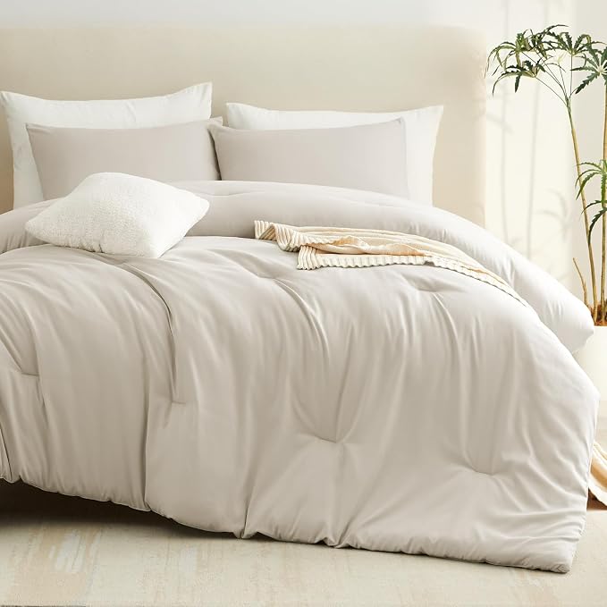CozyLux Queen Comforter Set Oatmeal, 3 Pieces Solid Comforters Queen Size - Image 9