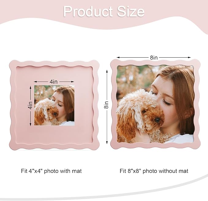 8x8 Picture Frame with Mat for 4x4, Wavy Edge Wooden Real Glass Photo Frame for - Image 3