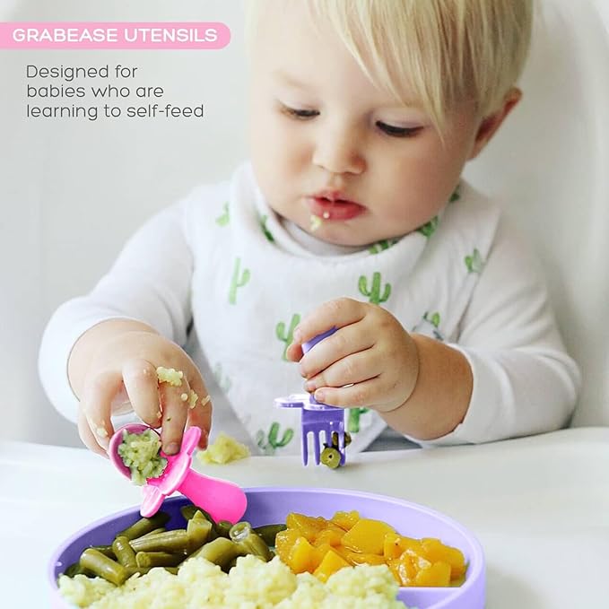Grabease Baby Feeding Utensils Set - Infant and Baby Fork and Weaning Spoon for Ages 1-11 Months, BPAs and Phthalate-Free Cutlery, 2 Sets, Blush and Lavender