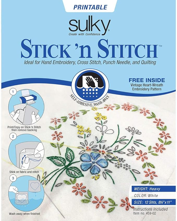 Stick N Stitch Self Adhesive Wash Away Stabilizer Twelve Sheets of 8-1/2 x 11 by Sulky