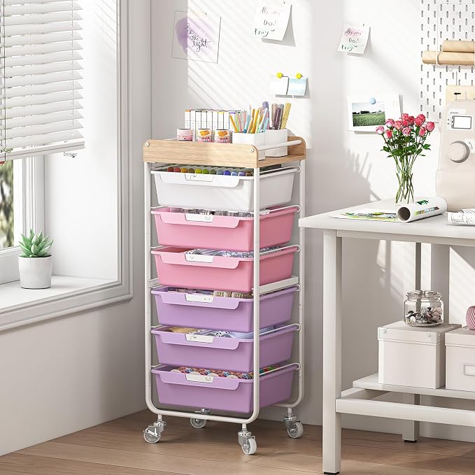 SYKIARIOL Utility Cart with 6 Labeling Drawers and Wooden Tabletop – Rolling - Image 2