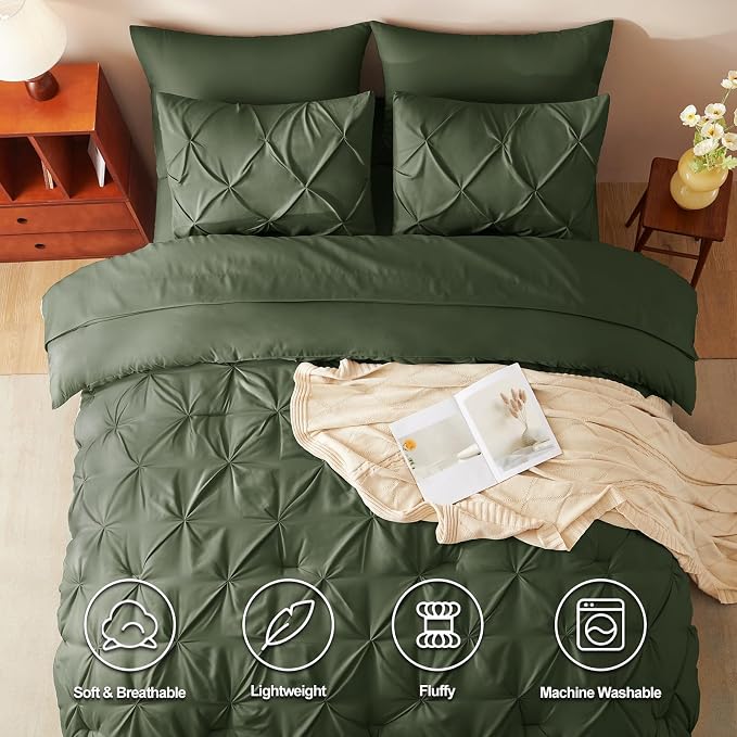 CozyLux Queen Comforter Set Olive Green, 7 Pieces Pintuck Bed in A Bag - Image 2