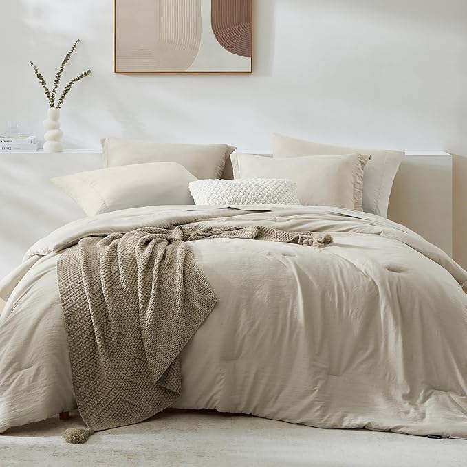 WRENSONGE Oversize King Size Comforter Sets- 7 Pieces Soft Light Oatmeal Bed in by WRENSONGE