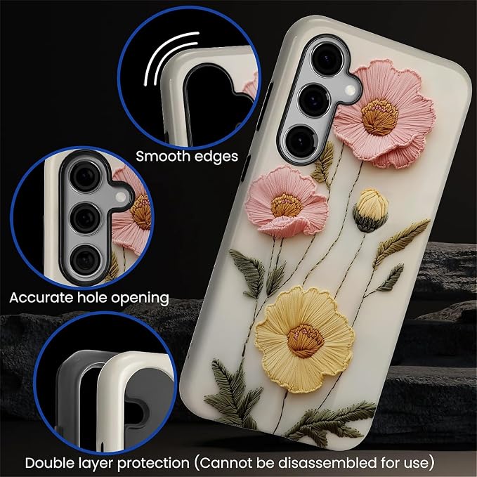 Case for Samsung Galaxy S24 Plus Case, Faux Embroidery Boho Floral Design - Image 5
