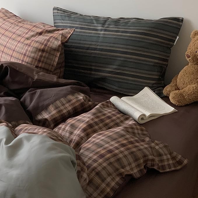 Nayoroom Plaid Duvet Cover Queen Size Vintage Brown Patchwork Checkered Duvet - Image 5