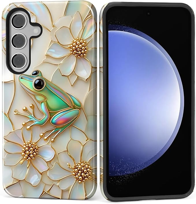 for Samsung Galaxy S24 Case, Stained Glass Frog Flowers Pattern Glossy 2 in 1 by Teonvpu