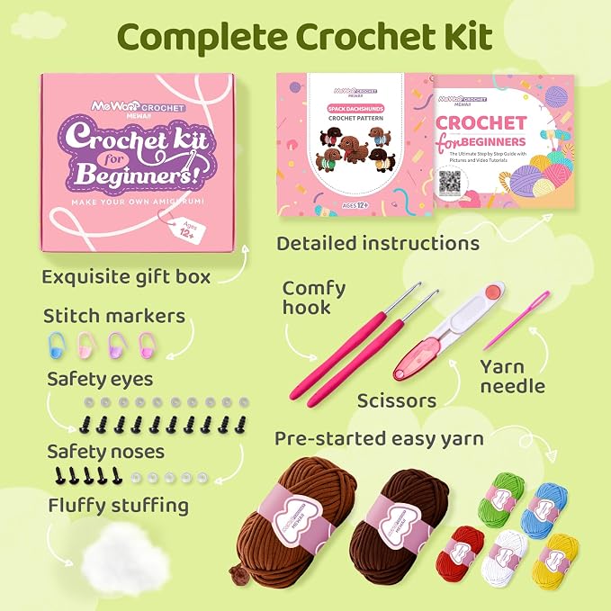 Mewaii Crochet Kit for Beginners, 5 Pack Dachshund Dog Craft Set | 40% Extra - Image 4