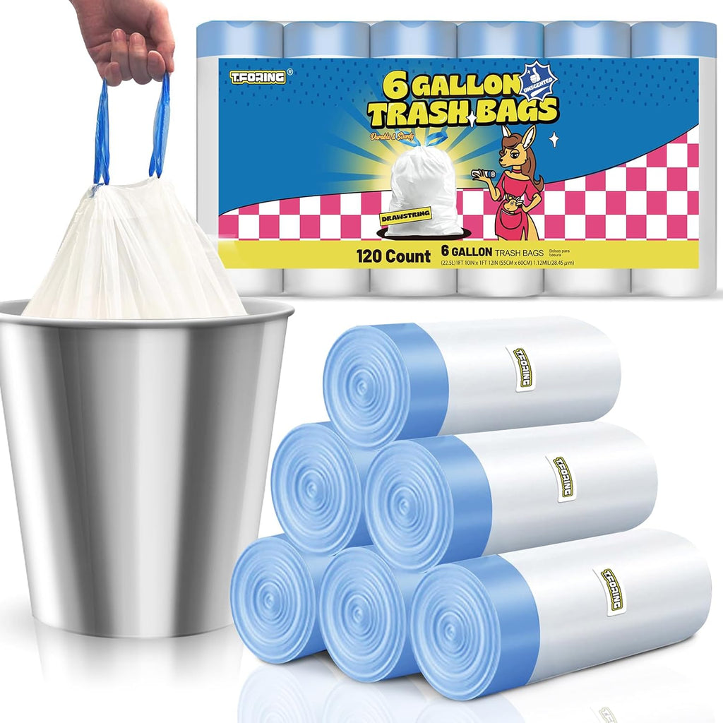 6 Gallon Trash Bags Drawstring 1.1 Mil - 120 Count Medium Garbage Bags,22.5 Liter Strong Plastic Trash Can Liners Unscented,Thick Waste Basket Bags for Home Bathroom Office Kitchen