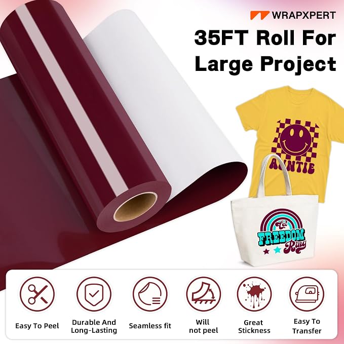 WRAPXPERT Maroon HTV Vinyl Roll-12 x35ft Iron On Vinyl - Image 2