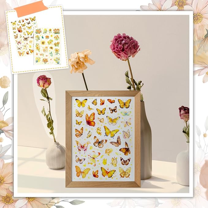 50+Pcs Transparent Golden Floral Butterfly Scrapbook Stickers Pack, Sunflower - Image 6