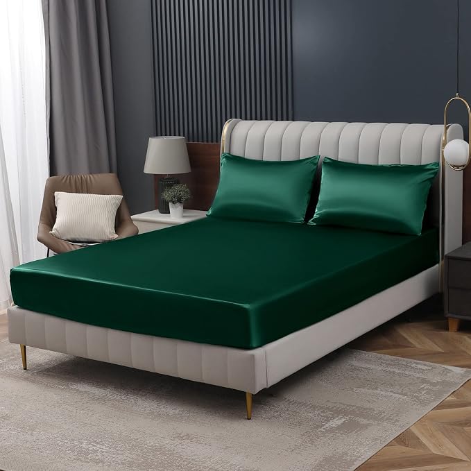 Homiest Blackish Green Satin Fitted Sheet Queen Size, Deep Pocket, Luxury & by Homiest