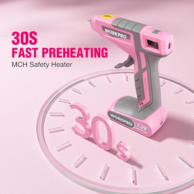 WORKPRO Pink Cordless Hot Melt Glue Gun, 7.2V Rechargeable Fast Preheating Glue - Image 2