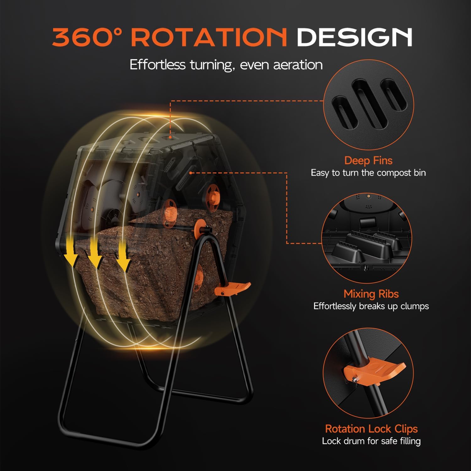 Compost Bin Outdoor 22.5 Gallon, Easy Assemble Composter Tumbler, 360°Rotating Garden Compost Bin for Fast Composting, Tumbling Composter for Outside, Backyard, and Yard