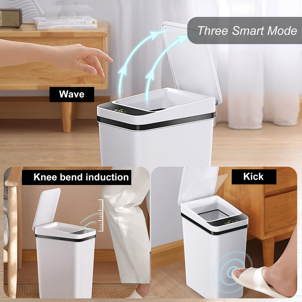 Yatmung 2 Pack - 2.5 Gallon Smart Trash Can Sensor Motion Slim Touchless Bathroom Trash Can - Skinny Trash Bin with Lid - Electric, Narrow, Plastic, Auto Open - Small Automatic Garbage Can (White)