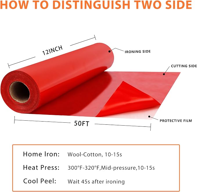 RENLITONG Red Iron on Vinyl 12Inch by 50ft Roll Heat Transfer Vinyl - Image 3
