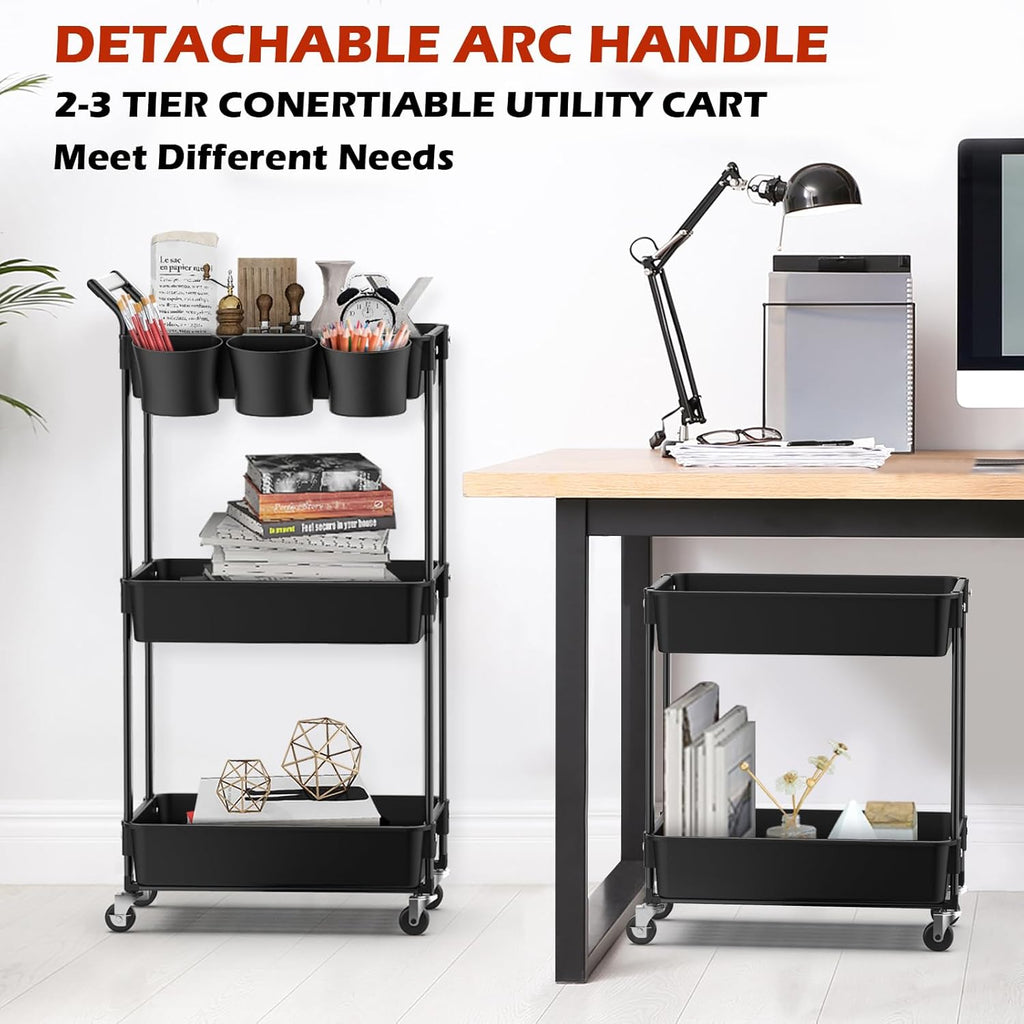 3-Tier Utility Rolling Cart,Mobile Utility Cart with Lockable Caster Wheels,Storage Shelves Organizer Cart, 3 Hanging Baskets, Easy Assembly,for Bathroom, Kitchen, Office, Workshop