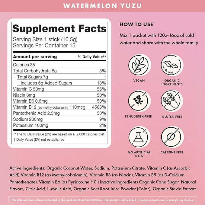 Boobie Hydromom Superfood Electrolyte Drink Mix, Watermelon Yuzu | Refreshing Energy & Hydration Boost for Mamas | On-The-Go & Travel Essentials for Pregnancy, Lactation, & Beyond, 10 Packets