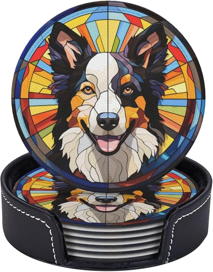 Drink Coaster Set of 6, Border Collie Dog Mom Lover Gift, Leather Drink Coasters - Image 2