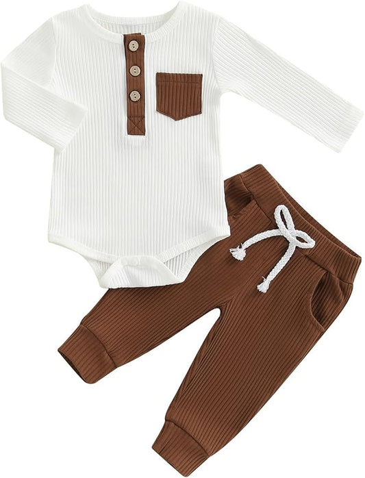 fhutpw Baby Boy Clothes 3 6 12 18 Months Ribbed Knitted Long Sleeve Romper and Pants Sets Newborn Fall Splicing Color Outfits