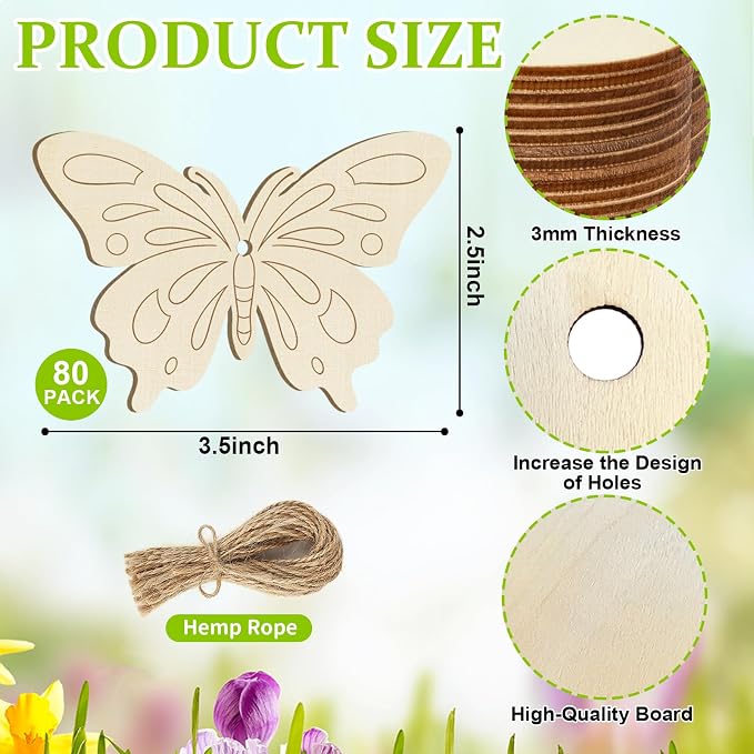 80PCS Wooden Spring Ornaments to Paint Butterfly Cutouts, 8 Styles DIY Blank - Image 7