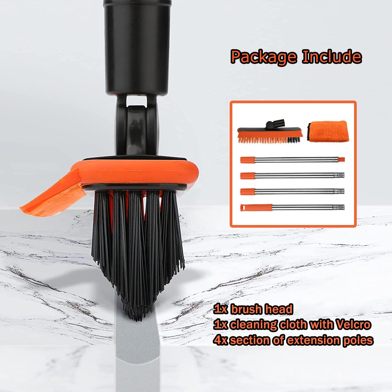 2 in 1 Floor Scrub Brush Grout Brush with 57.8" Long Handle,120°Rotatable Shower Tile Grout Cleaner Scrubber,V-Shaped Corner Brush for Hard to Reach Areas (Orange)