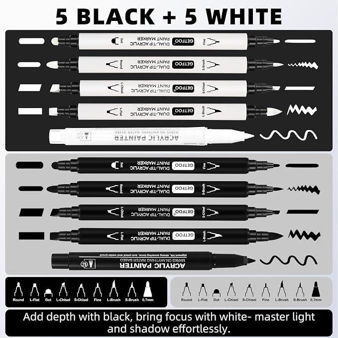 Black & White Acrylic Paint Pens, Dual Tip, 0.7mm Fine Nibs 10 Pack | Opaque Ink - Image 3