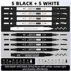 Black & White Acrylic Paint Pens, Dual Tip, 0.7mm Fine Nibs 10 Pack | Opaque Ink - Image 3