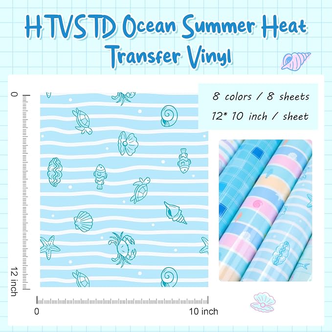 HTVSTD Ocean Summer Heat Transfer Vinyl 8Sheets 12×10in Iron on Vinyl | Sea - Image 2