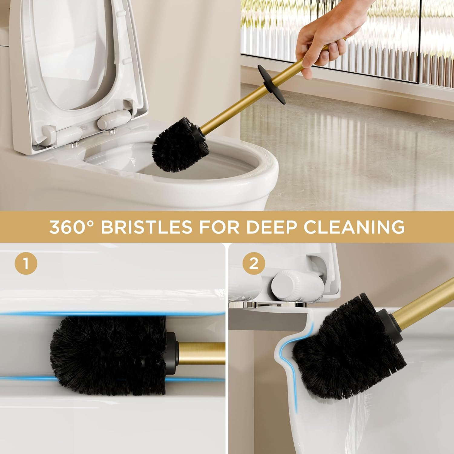 FORIOUS Toilet Brush and Holder Set, 304 Stainless Steel Long Handle and Heavy Duty Base for Bathroom Deep Cleaning, Drip-Proof, Space Saving for Storage, 2 Toilet Bowl Brush Head, Dark Gold