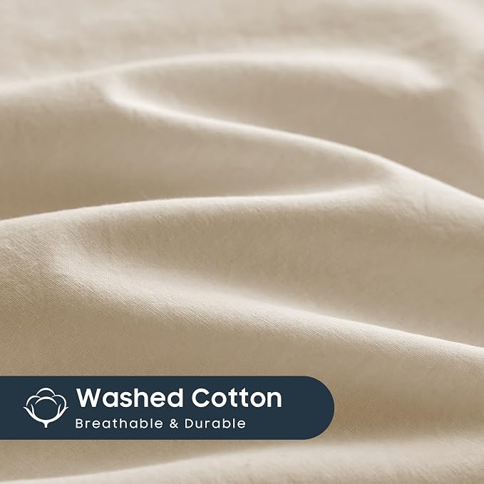 Wake In Cloud - Cotton Duvet Cover Set, Twin Size, Khaki Linen Color, 100% - Image 7