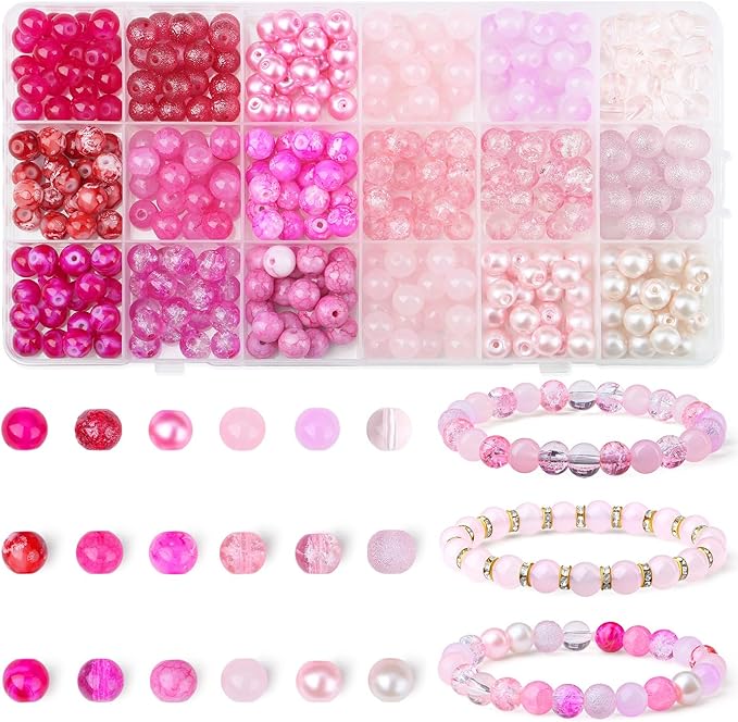DUQGUHO 8mm Pink Beads for Jewelry Making Pink Glass Beads for Crafts Rose by DUQGUHO