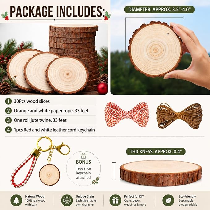 SENMUT Wood Slices 30 Pcs 3.5-4.0 inch Natural Rounds Unfinished Wooden Circles - Image 4
