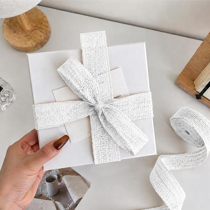 White Burlap Ribbon 1-1/2 inch X 10 Yard White Linen Wired Ribbon | Natural - Image 2