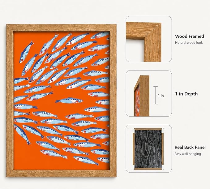 Framed Sardine Fish Canvas Wall Art, Vibrant Orange Blue Coastal School Fish - Image 4