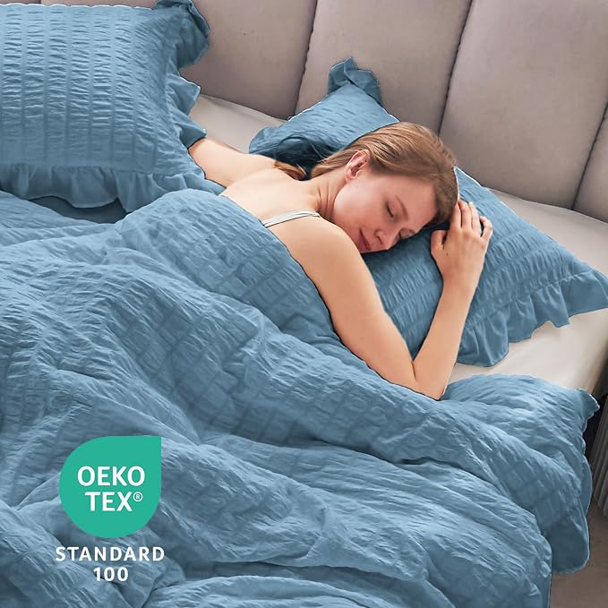 JOLLYVOGUE Queen Comforter Set, 3 Pieces Sea Blue Seersucker Comforters Queen - Image 6