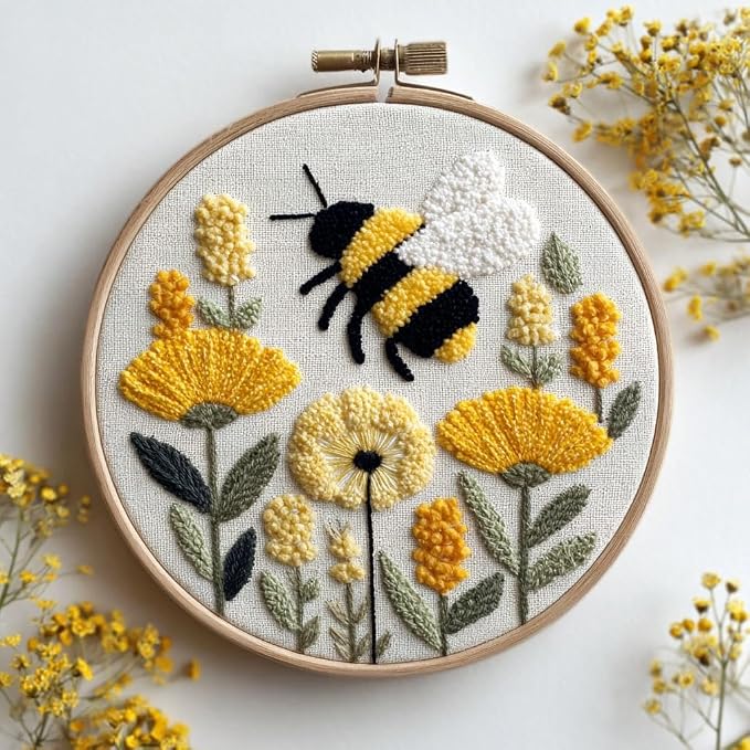 DIY Punch Needle Kits for Beginners Big Yellow Bee Among Yellow Flowers by Unknown