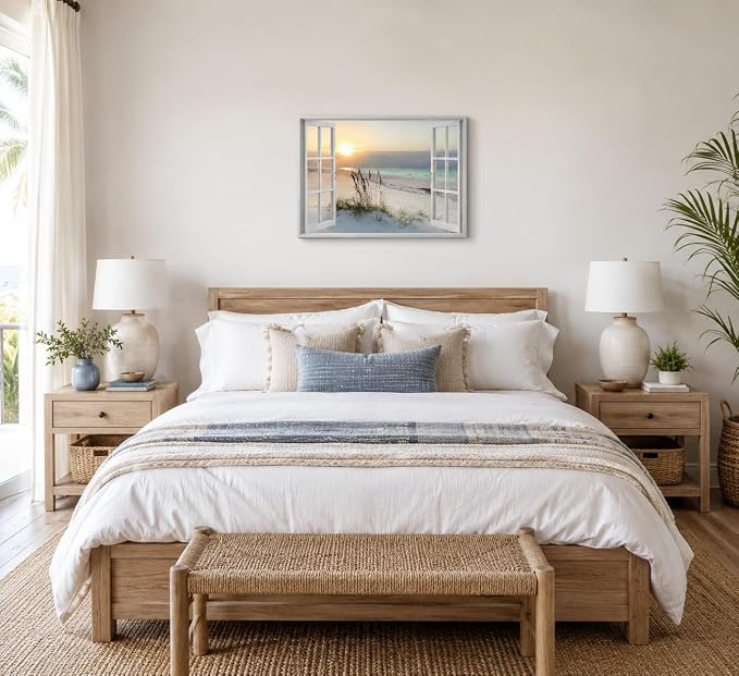 LRTNMTJ Beach Window Sunset Canvas Wall Art Fake Window Ocean Coastal Wall - Image 9