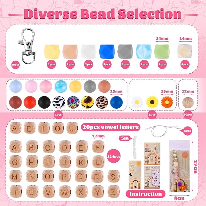 213 Pcs Silicone Beads for Keychain Making, 12mm Wood Letter Keychain 15mm - Image 2