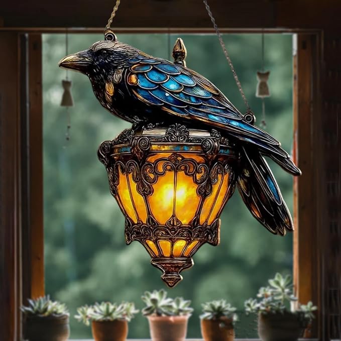 Raven Gothic on Lantern 2D Acrylic Suncatcher, Halloween Decor Indoor Faux - Image 3