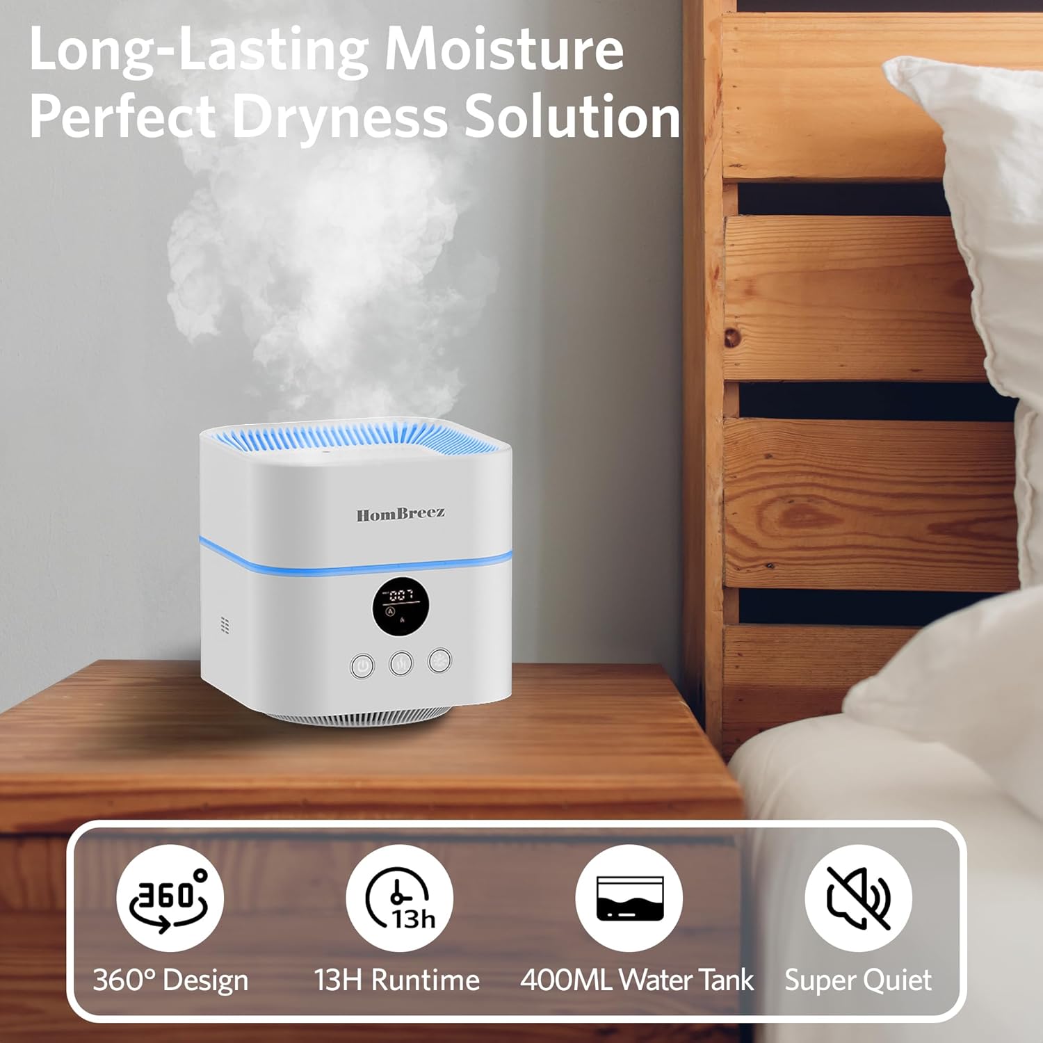 Air Purifier and Humidifier Combo for Bedroom, Covers Up to 200ft², H13 True HEPA Filter, 500ML Water Tank, Quiet Cool Mist Top Fill Essential Oil Diffuser for Baby, Pet Room, White