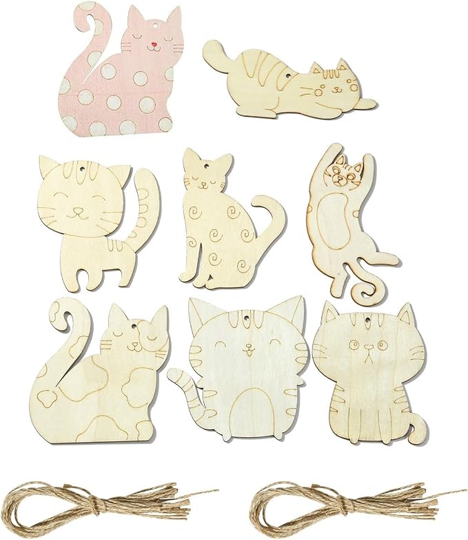 40 pcs Mixed Styles Lovely Cat Theme Unfinished Wood Cutout Charms Kitten Pet - Image 8