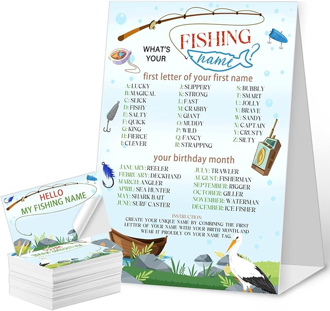 What's Your Fishing Name Game Cards, Birthday Game Supplies, 1 Fishing Name by QZCYU