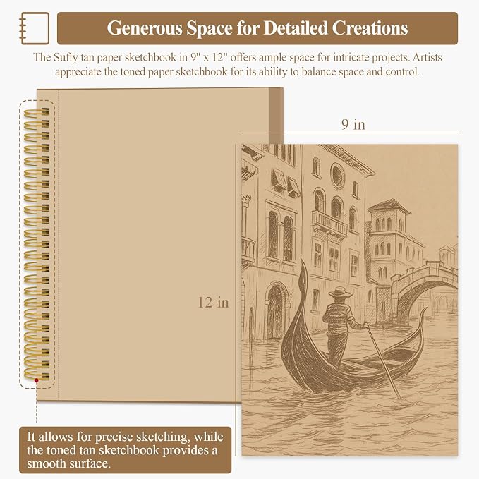 SuFly Toned Tan Sketchbook 9x12 Inches, 60 Sheets - 90lb/150gsm Toned Tan - Image 2